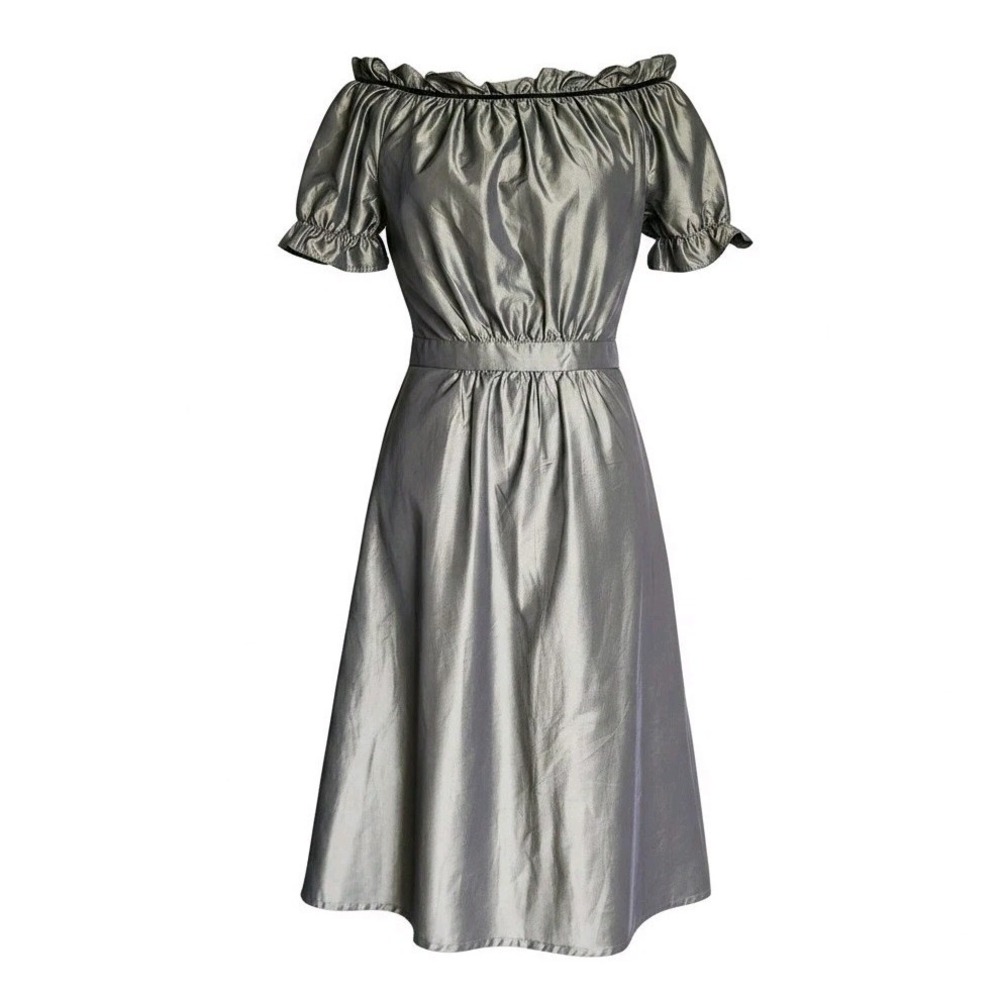 SunaUna Dress Size 38 Off The Shoulder Ruffle Metallic Green Gray A-line Midi